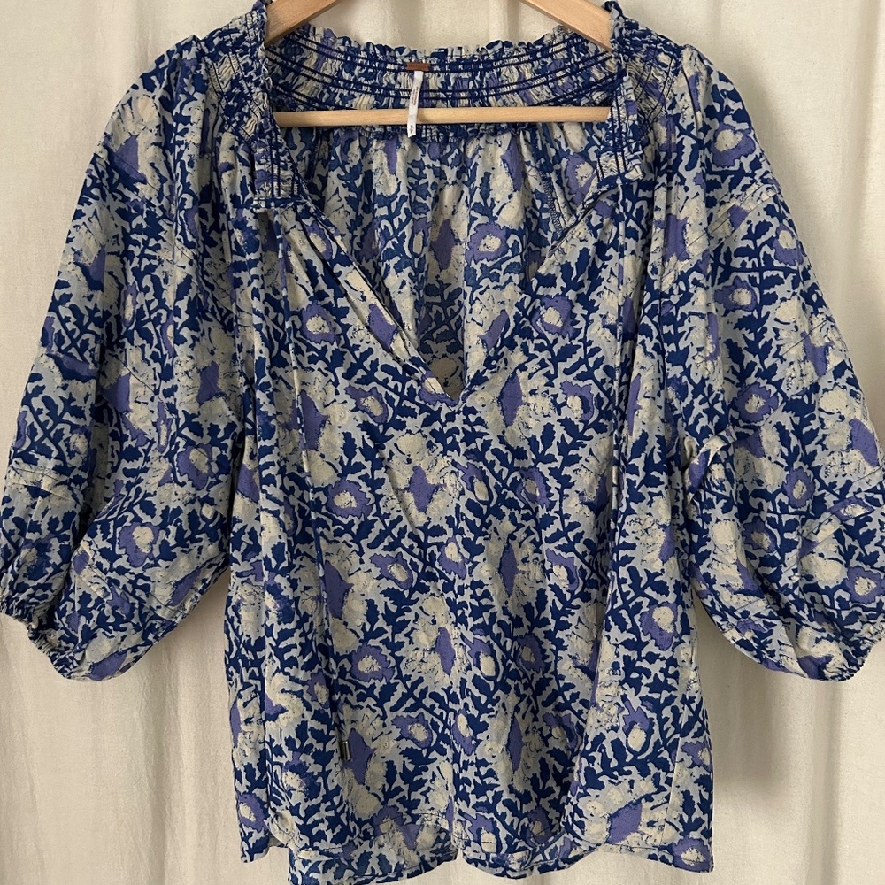 Free People Blue Patterned Peasant Top